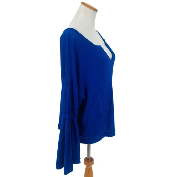 Free People x We The Free Blue Waffle Knit Bell Sleeve Relaxed Fit Top - Picture 4 of 16